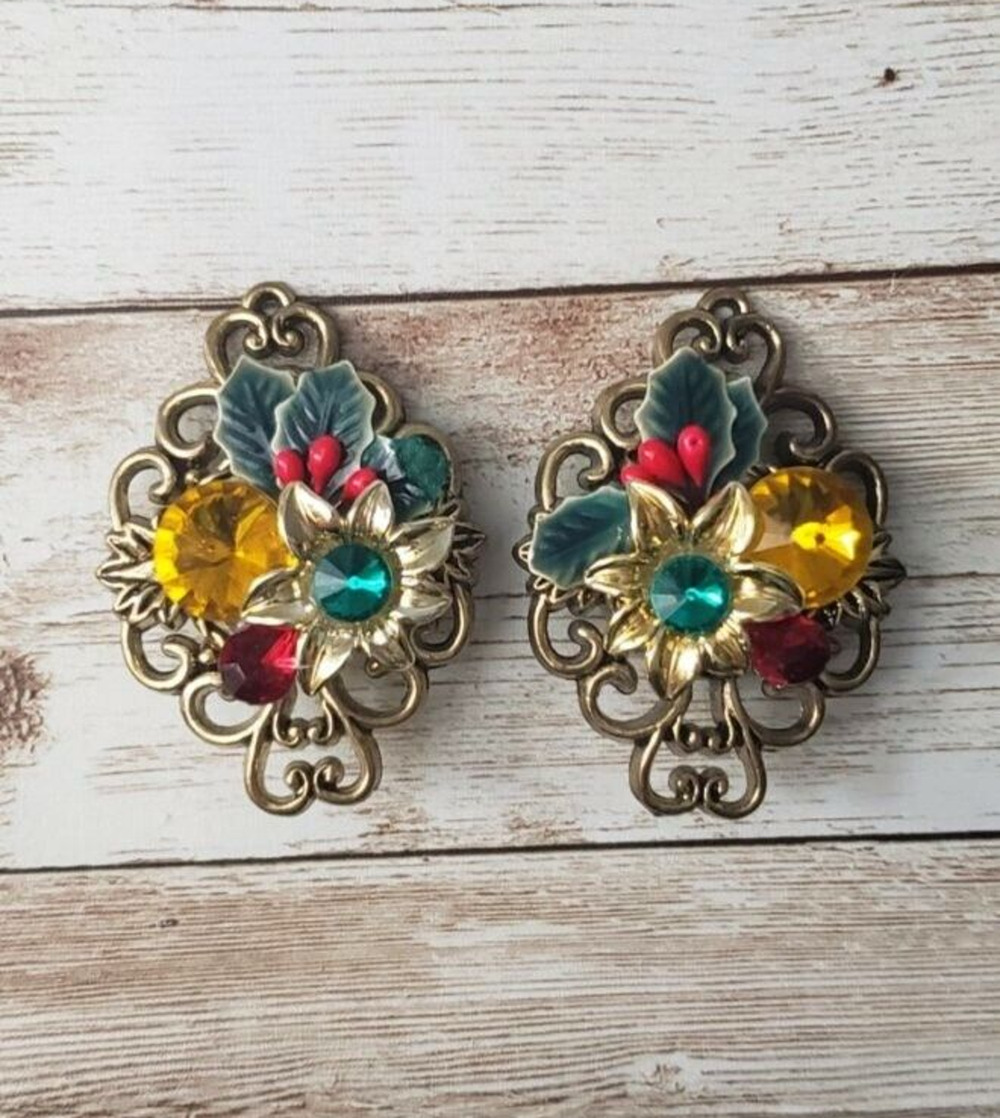 Vintage Clip On Earrings 2" Large Flower & Holly Statement Earrings